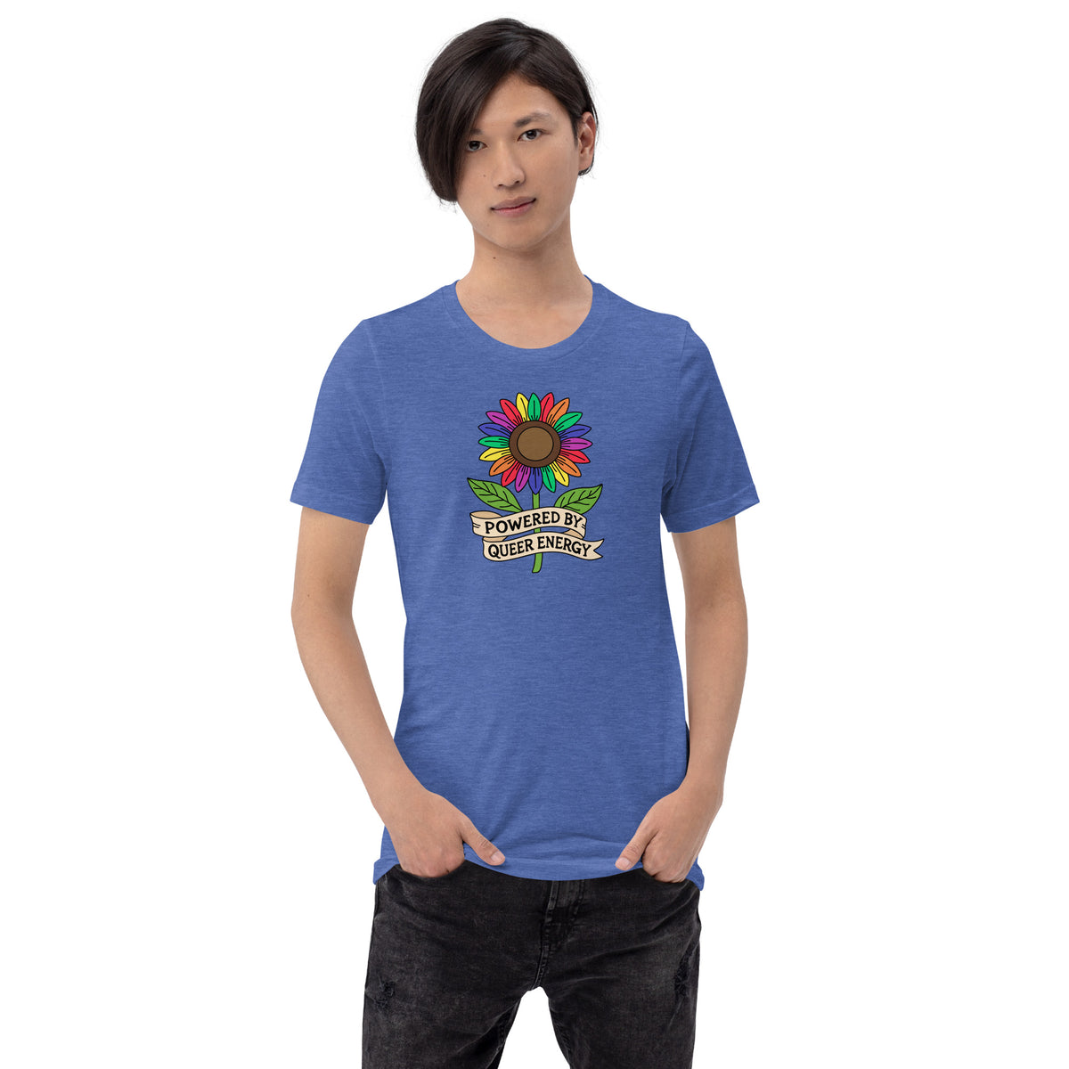 Powered by Queer Energy T-Shirt | Rainbow Sunflower LGBTQIA+ Pride Tee - Spinsterly Co