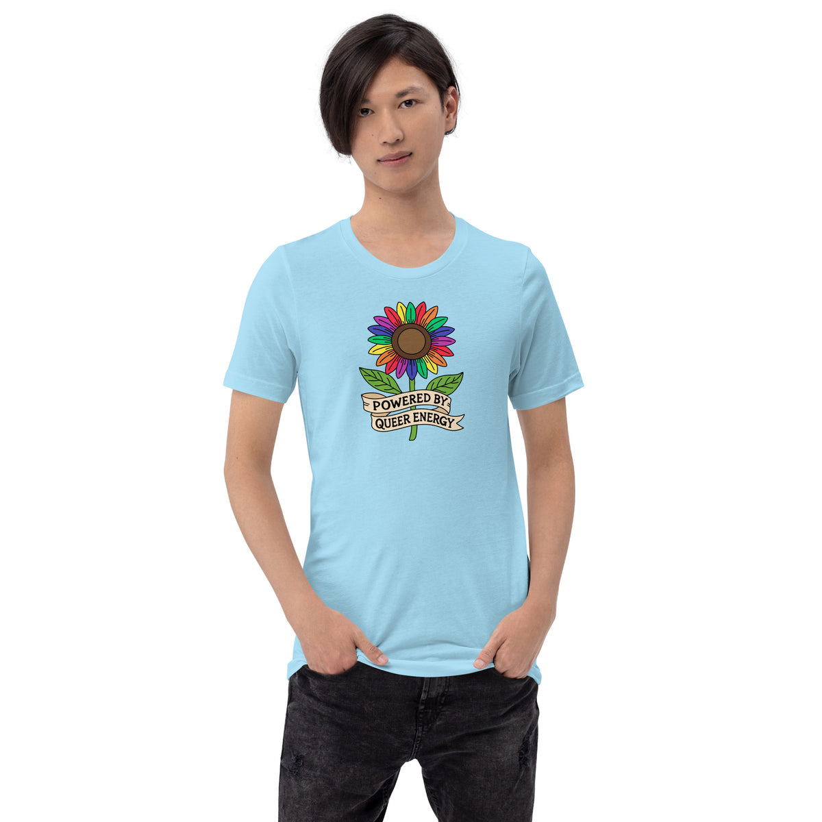 Powered by Queer Energy T-Shirt | Rainbow Sunflower LGBTQIA+ Pride Tee - Spinsterly Co