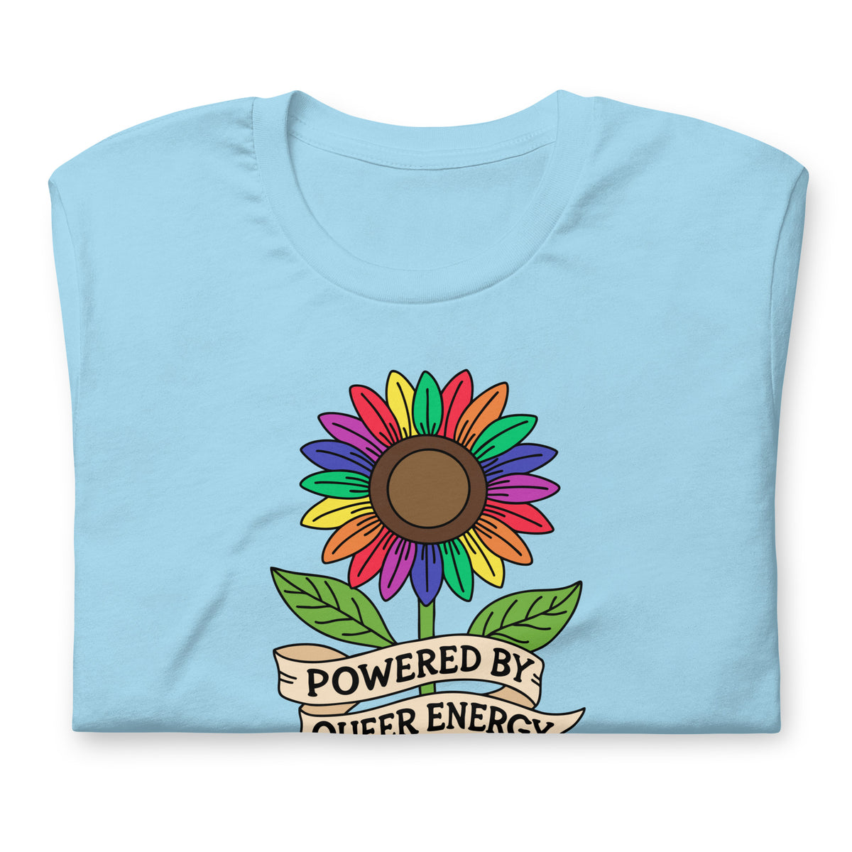 Powered by Queer Energy T-Shirt | Rainbow Sunflower LGBTQIA+ Pride Tee - Spinsterly Co