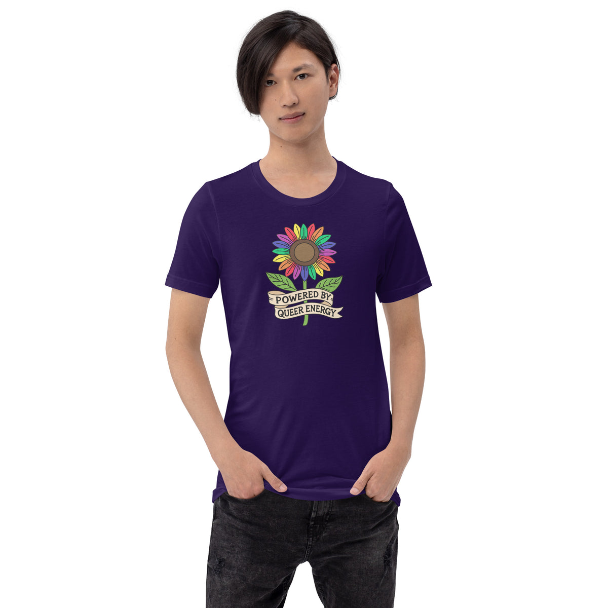Powered by Queer Energy T-Shirt | Rainbow Sunflower LGBTQIA+ Pride Tee - Spinsterly Co