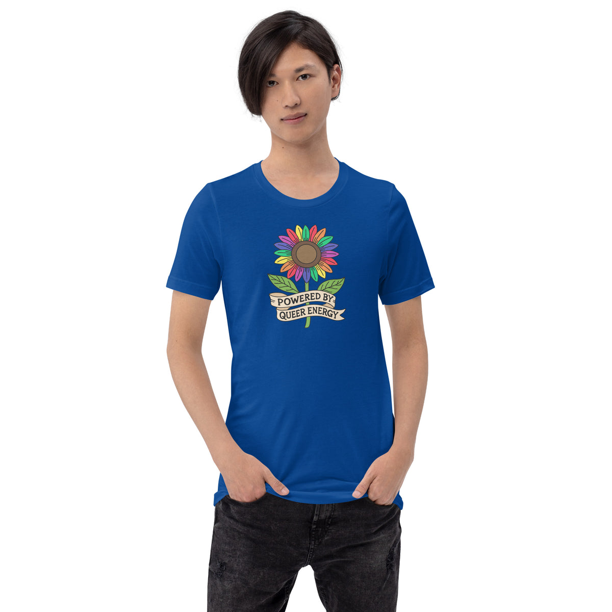 Powered by Queer Energy T-Shirt | Rainbow Sunflower LGBTQIA+ Pride Tee - Spinsterly Co