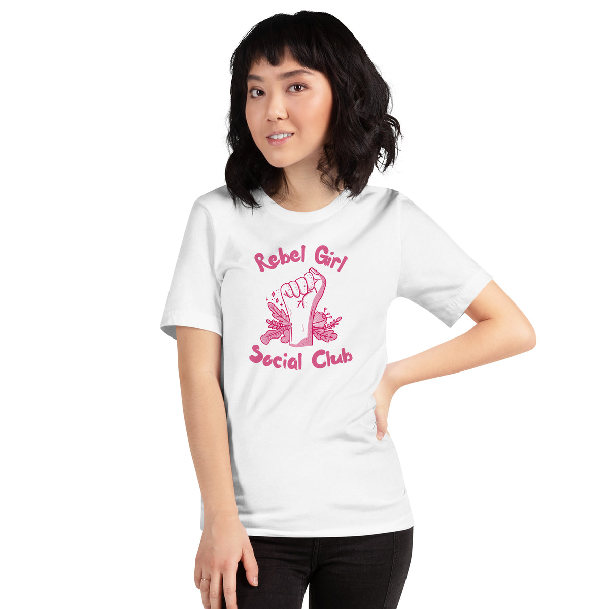 Rebel Girl Social Club T-Shirt | Feminist Raised Fist Pink Graphic Tee - Spinsterly Co
