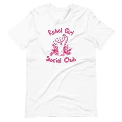 Rebel Girl Social Club T-Shirt | Feminist Raised Fist Pink Graphic Tee - Spinsterly Co