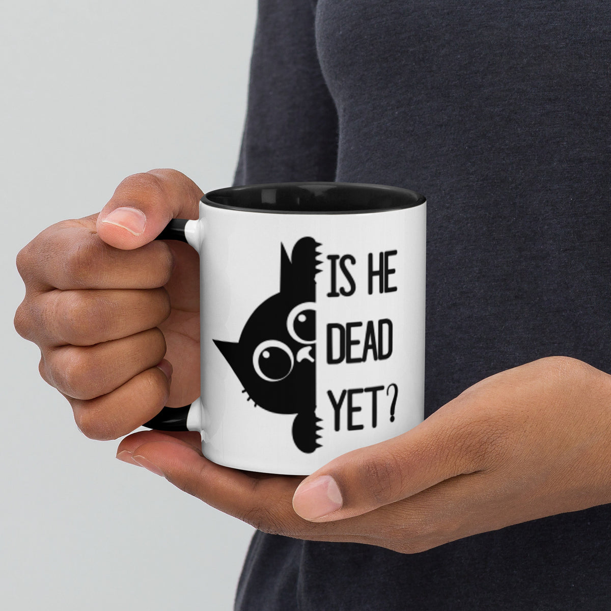 Is He Dead Yet Black Cat Accent Coffee Mug | Funny Dark Humor Political Gift - Spinsterly Co