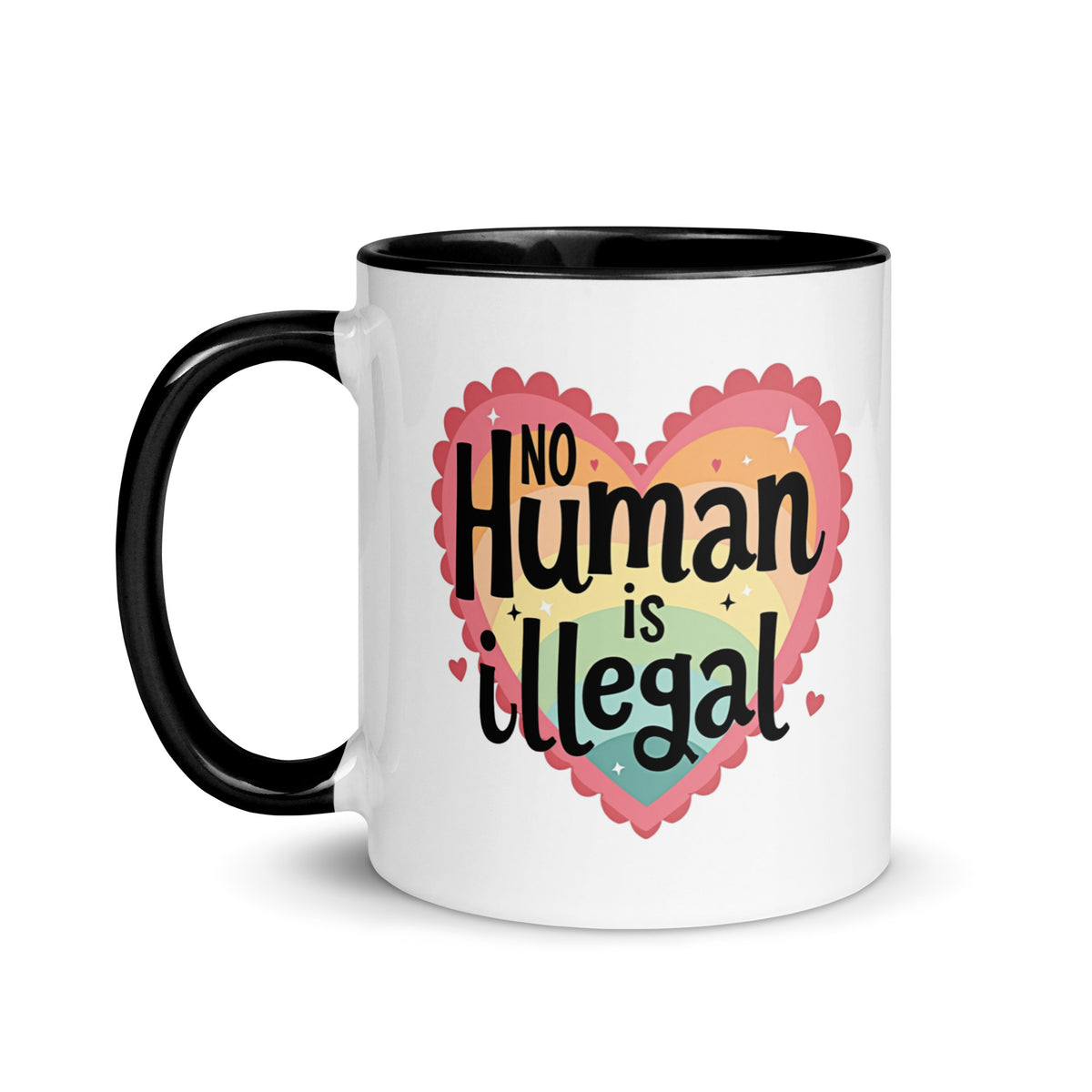 No Human is Illegal Rainbow Heart Accent Coffee Mug | Immigrant Rights Protest Gift - Spinsterly Co