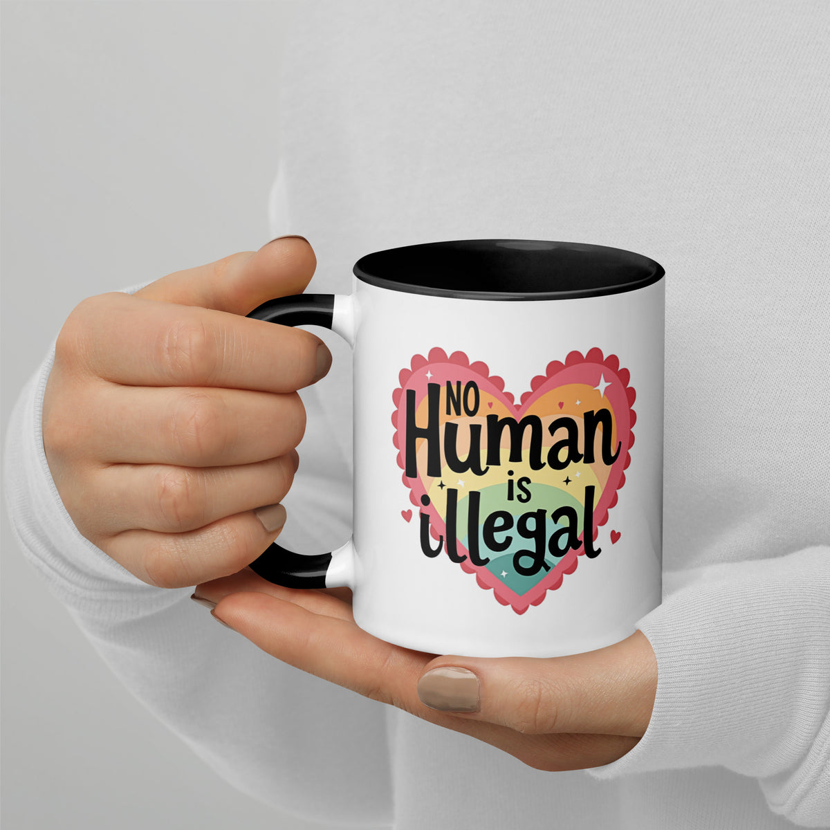 No Human is Illegal Rainbow Heart Accent Coffee Mug | Immigrant Rights Protest Gift - Spinsterly Co