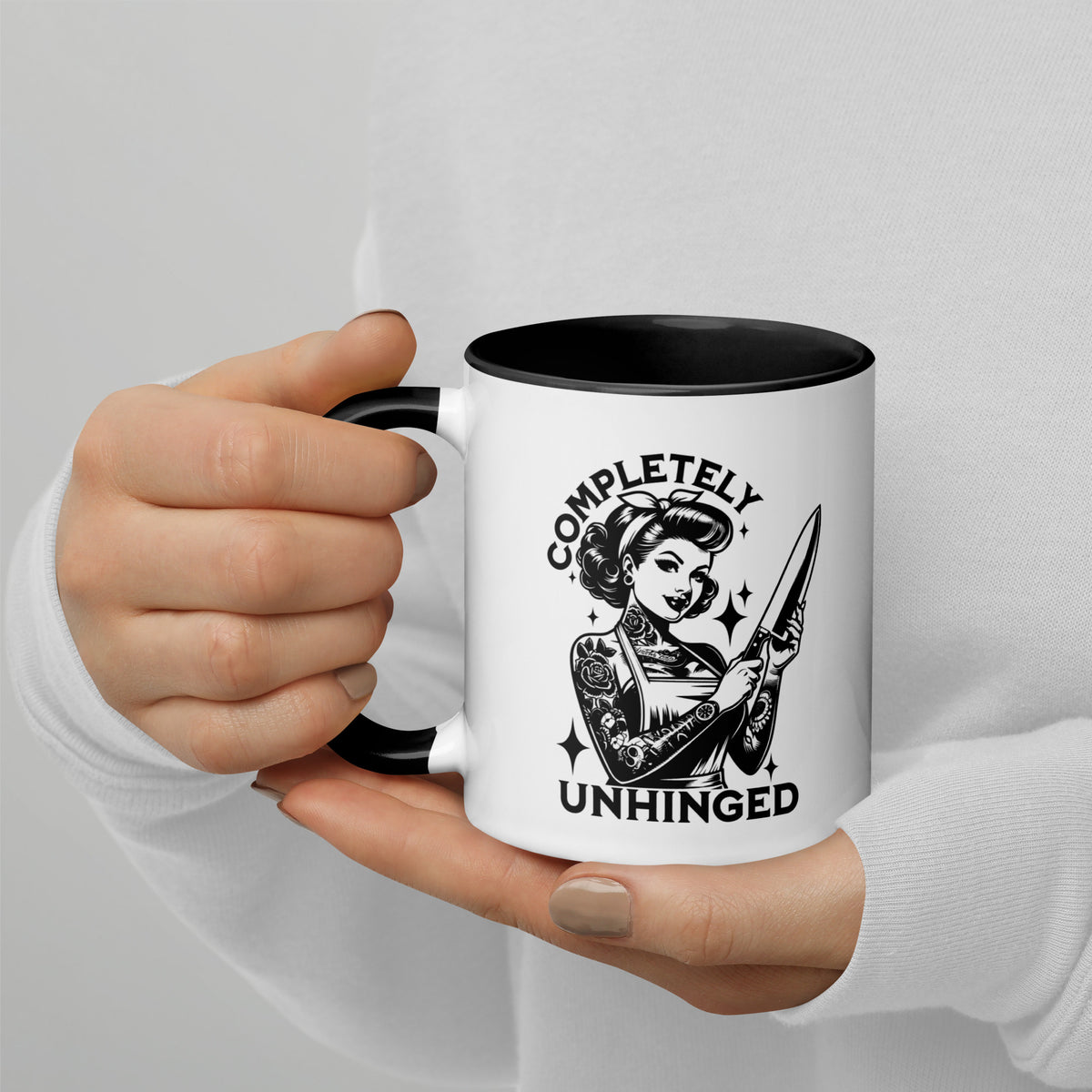 Completely Unhinged Tattooed Pin-Up Dagger Accent Coffee Mug | Funny Dark Humor Gift - Spinsterly Co