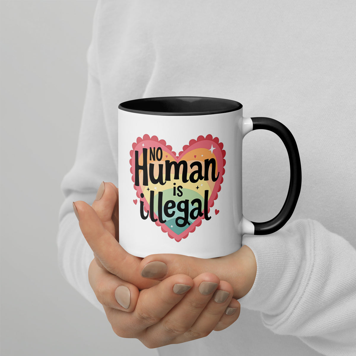 No Human is Illegal Rainbow Heart Accent Coffee Mug | Immigrant Rights Protest Gift - Spinsterly Co