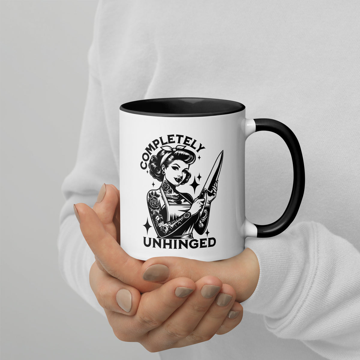 Completely Unhinged Tattooed Pin-Up Dagger Accent Coffee Mug | Funny Dark Humor Gift - Spinsterly Co