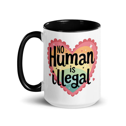 No Human is Illegal Rainbow Heart Accent Coffee Mug | Immigrant Rights Protest Gift - Spinsterly Co