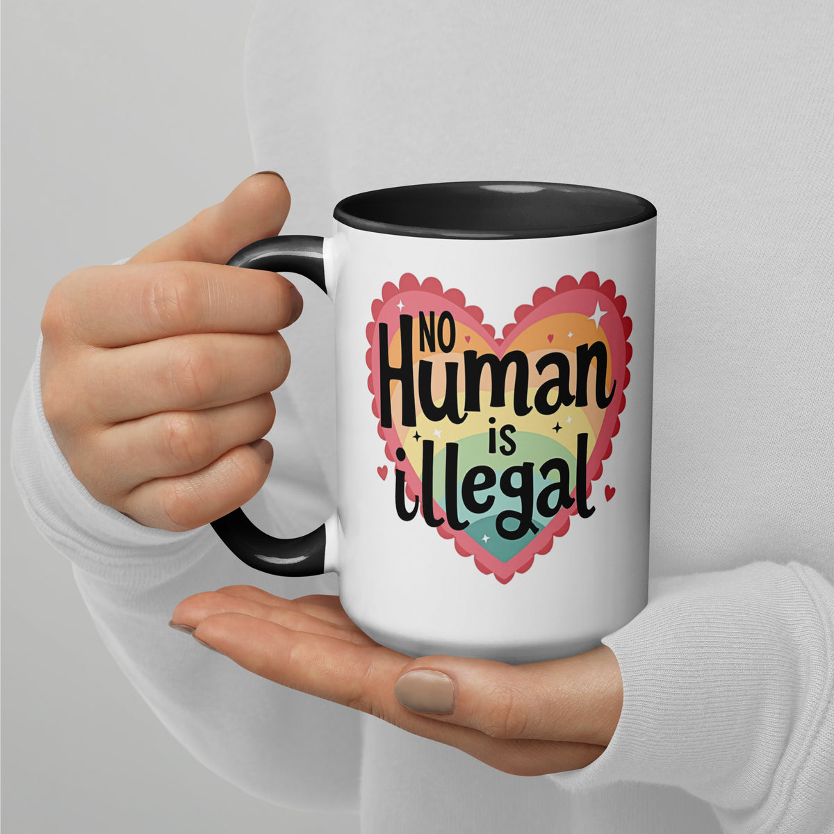 No Human is Illegal Rainbow Heart Accent Coffee Mug | Immigrant Rights Protest Gift - Spinsterly Co