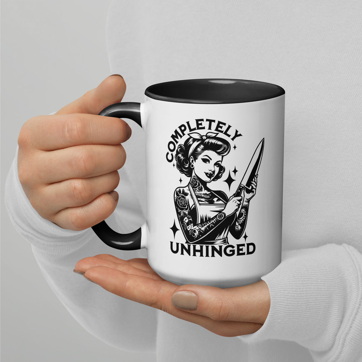 Completely Unhinged Tattooed Pin-Up Dagger Accent Coffee Mug | Funny Dark Humor Gift - Spinsterly Co