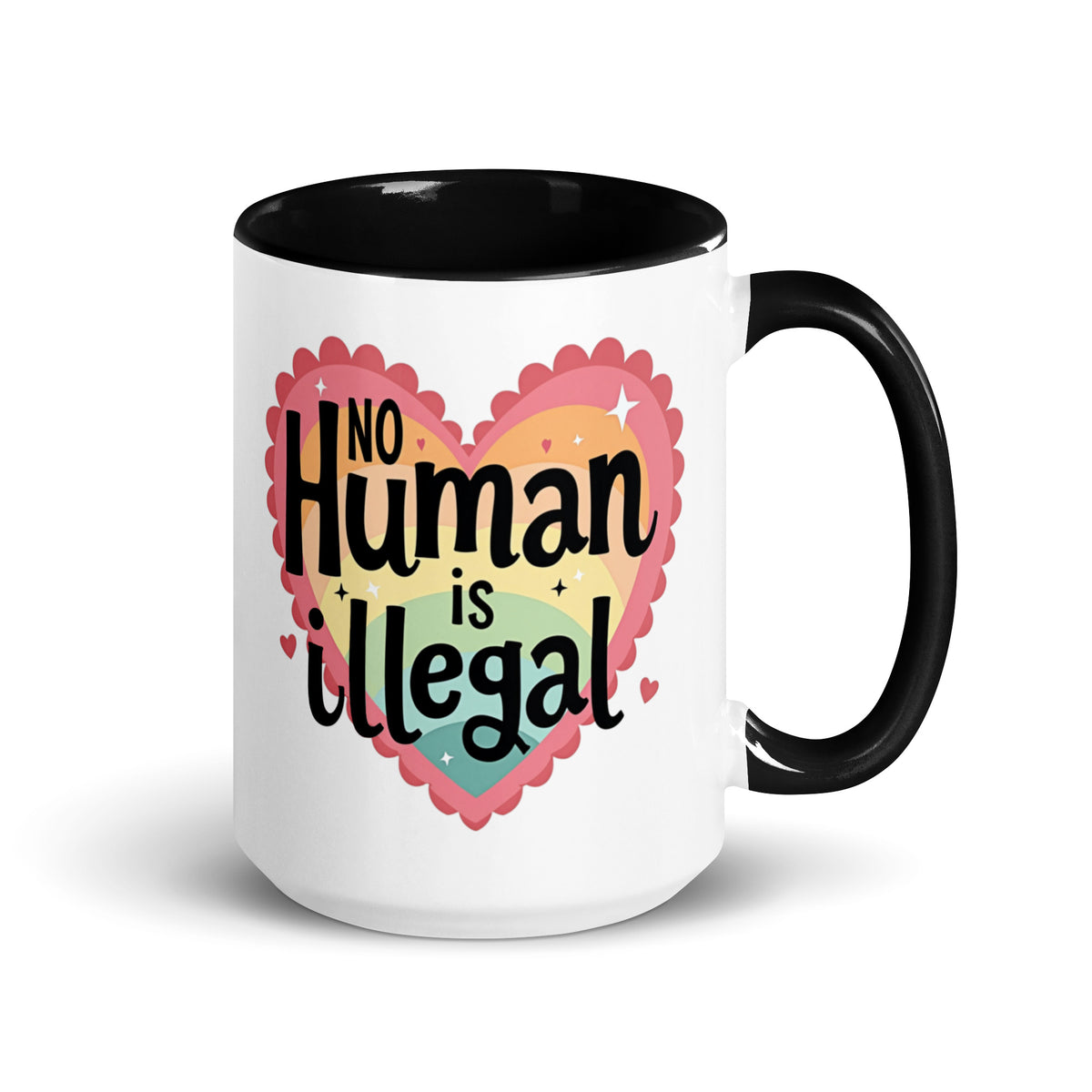 No Human is Illegal Rainbow Heart Accent Coffee Mug | Immigrant Rights Protest Gift - Spinsterly Co