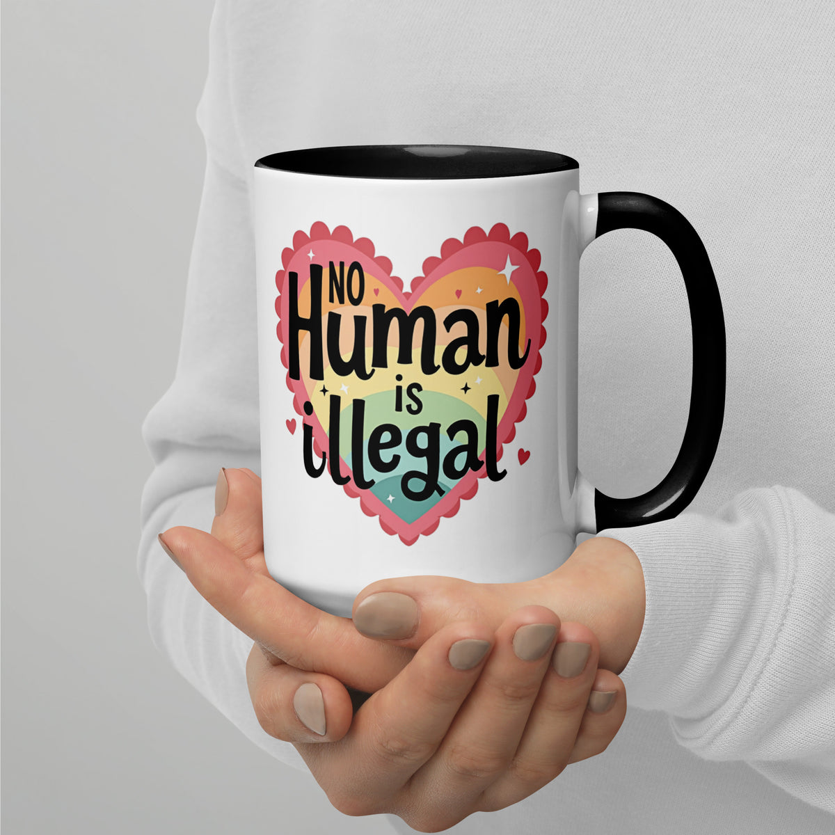 No Human is Illegal Rainbow Heart Accent Coffee Mug | Immigrant Rights Protest Gift - Spinsterly Co