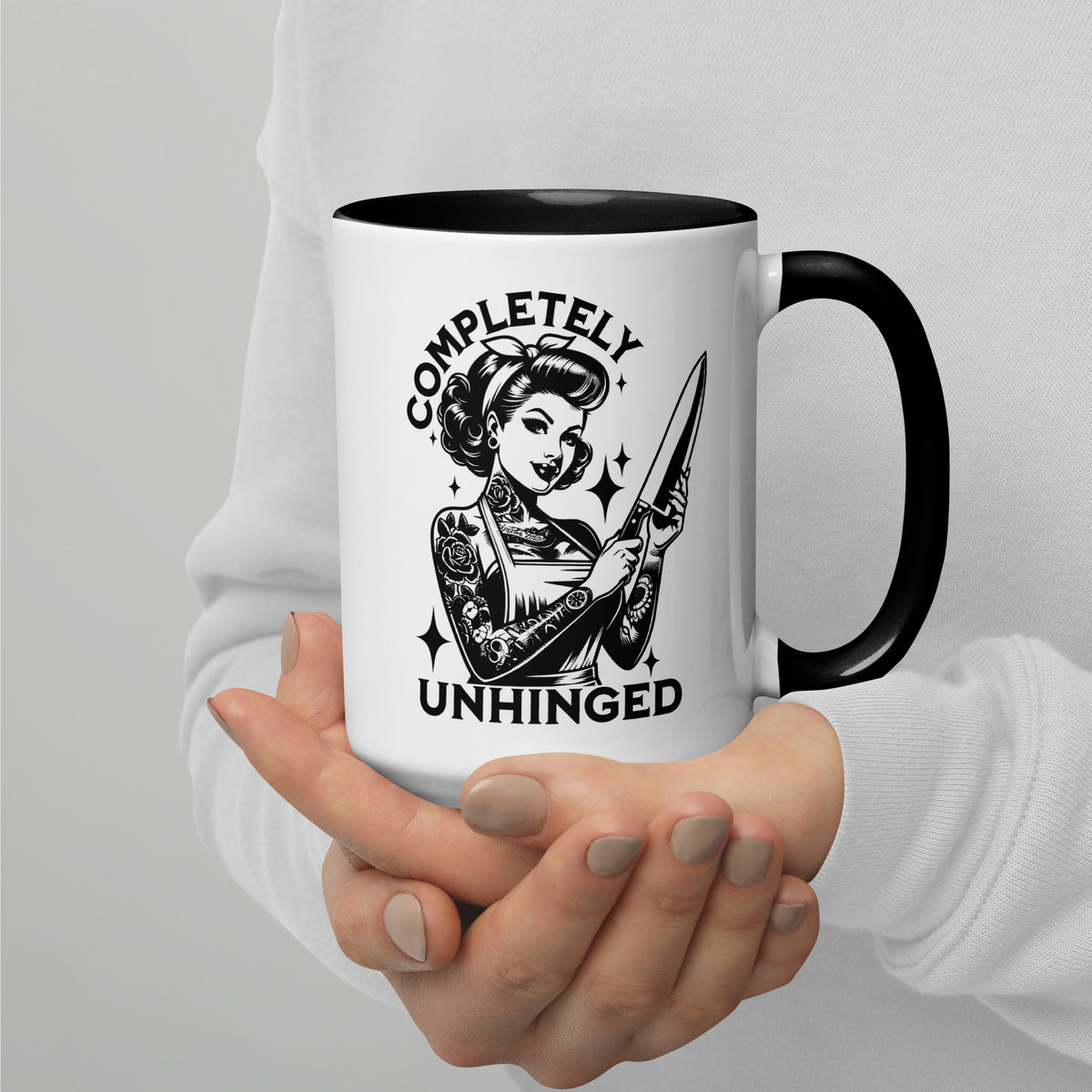 Completely Unhinged Tattooed Pin-Up Dagger Accent Coffee Mug | Funny Dark Humor Gift - Spinsterly Co