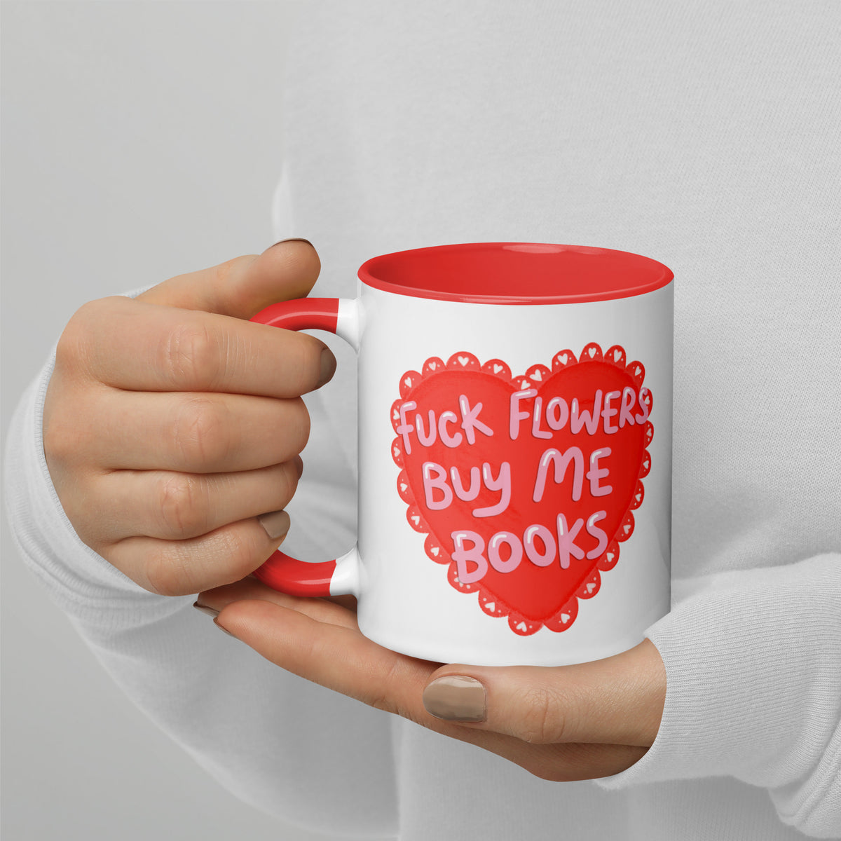 F*ck Flowers Buy Me Books Heart Accent Coffee Mug | Funny Bookish Valentine Gift - Spinsterly Co