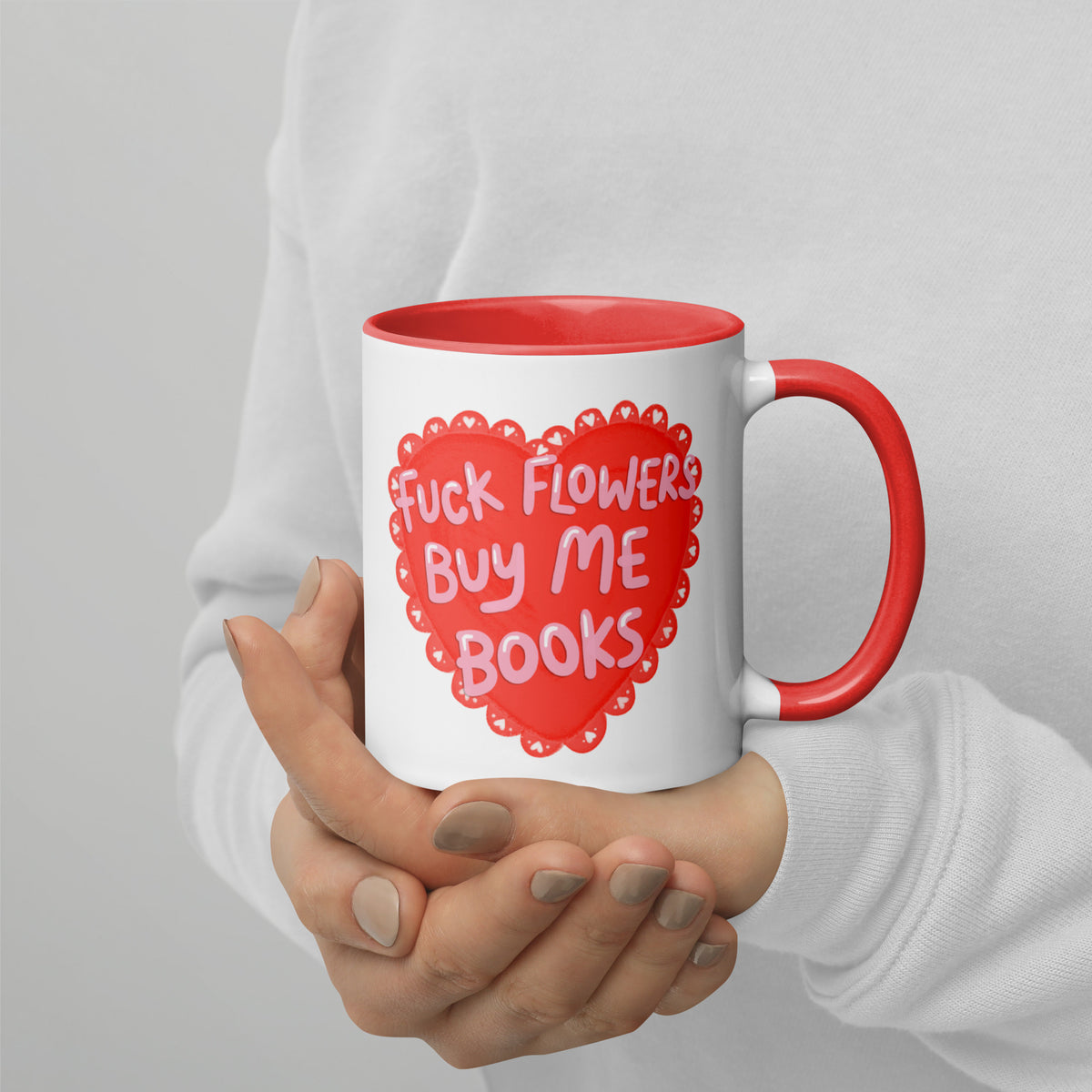F*ck Flowers Buy Me Books Heart Accent Coffee Mug | Funny Bookish Valentine Gift - Spinsterly Co