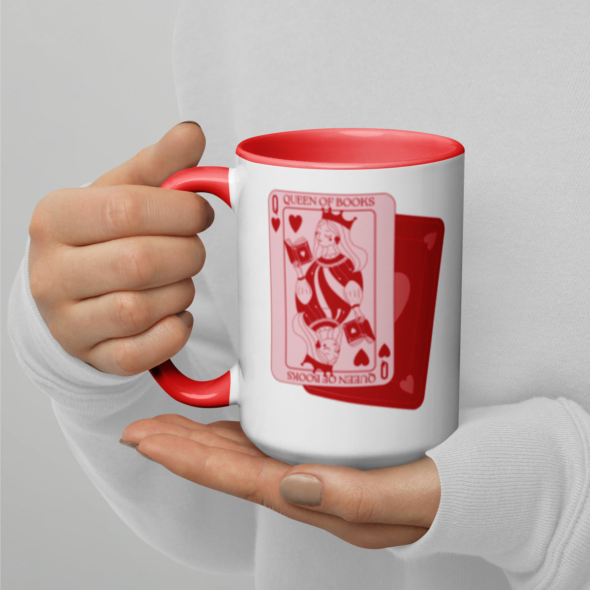 Queen of Books Playing Card Accent Coffee Mug | Bookish Reader Gift Red Mug - Spinsterly Co