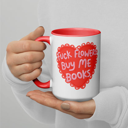 F*ck Flowers Buy Me Books Heart Accent Coffee Mug | Funny Bookish Valentine Gift - Spinsterly Co