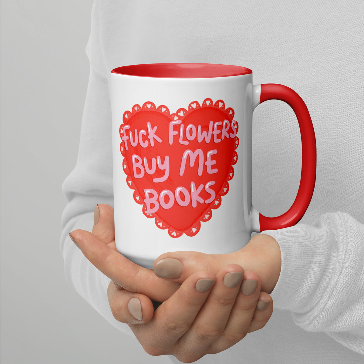 F*ck Flowers Buy Me Books Heart Accent Coffee Mug | Funny Bookish Valentine Gift - Spinsterly Co