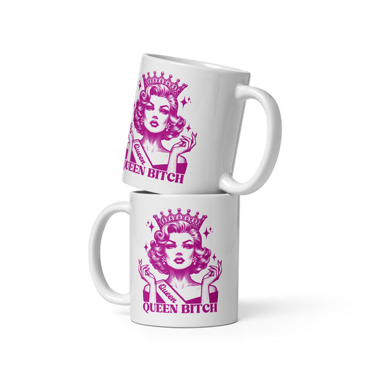 Queen Bitch White Glossy Coffee Mug | Crowned Retro Queen Pink Illustration - Spinsterly Co