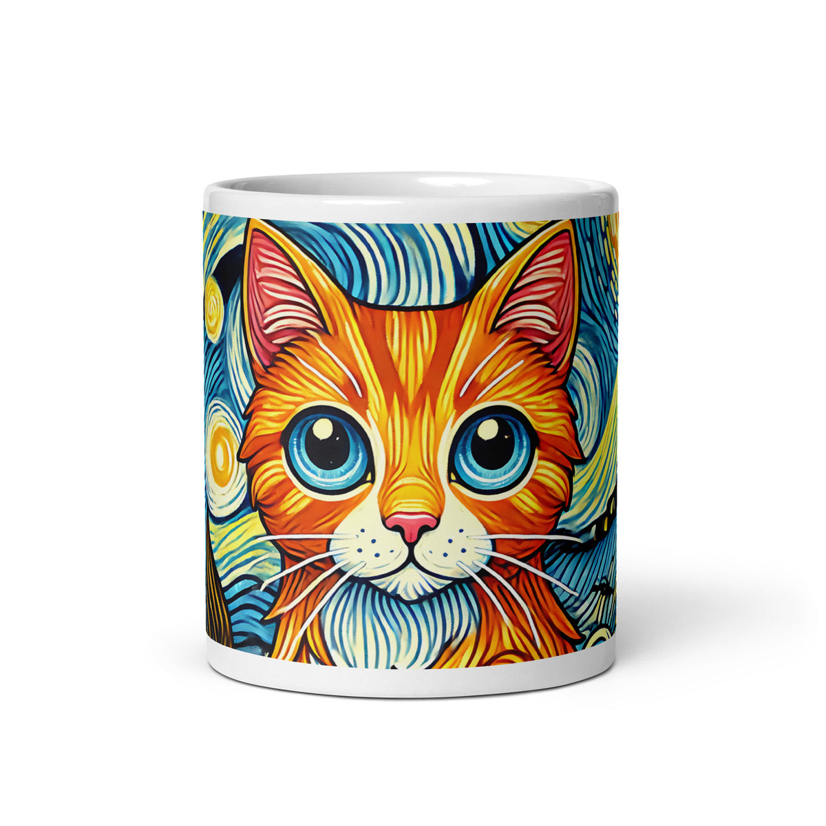 Starry Night Cat Glossy White Coffee Mug | Art Lover Cat Gift - Spinsterly Co