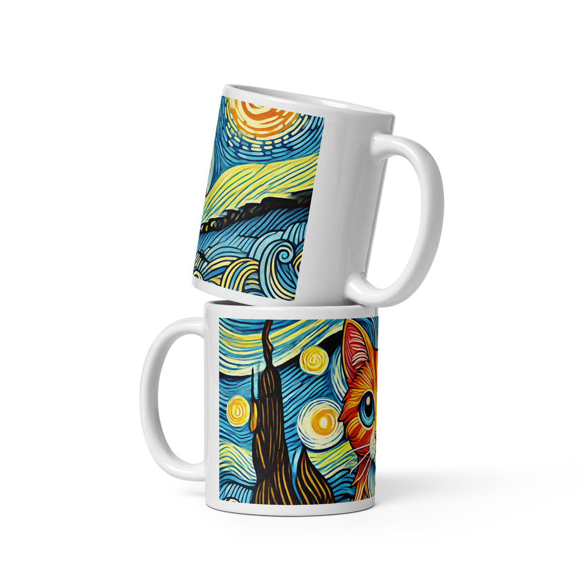 Starry Night Cat Glossy White Coffee Mug | Art Lover Cat Gift - Spinsterly Co