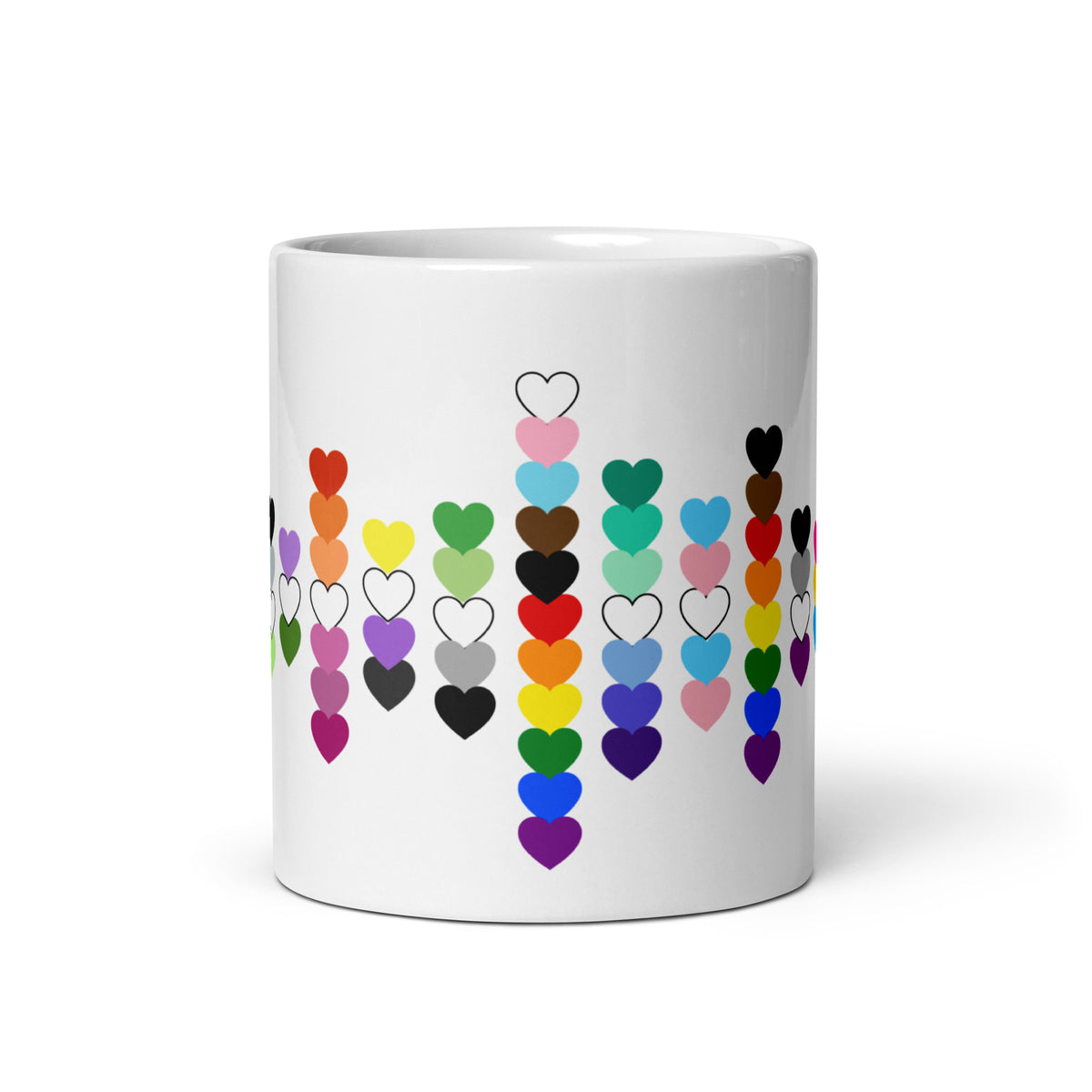 LGBTQIA+ Pride Flag Hearts White Glossy Mug | Inclusive Pride Gift | 19 Flags - Spinsterly Co