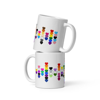 LGBTQIA+ Pride Flag Hearts White Glossy Mug | Inclusive Pride Gift | 19 Flags - Spinsterly Co