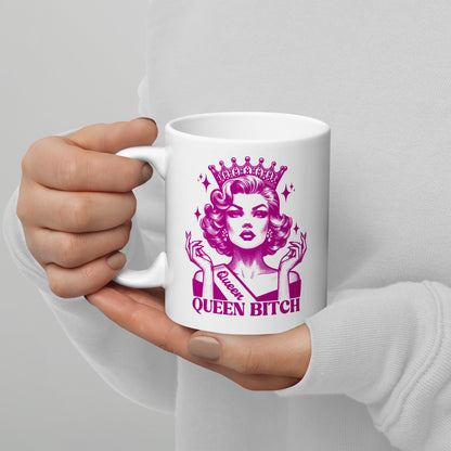 Queen Bitch White Glossy Coffee Mug | Crowned Retro Queen Pink Illustration - Spinsterly Co