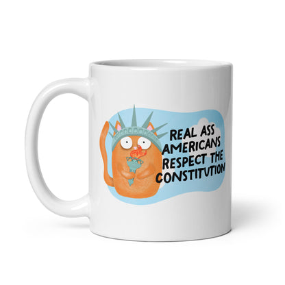 Real Ass Americans Respect the Constitution Glossy White Coffee Mug | Funny Political Cat Gift - Spinsterly Co