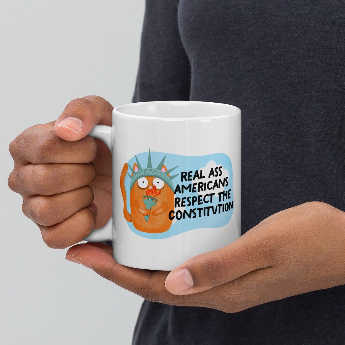 Real Ass Americans Respect the Constitution Glossy White Coffee Mug | Funny Political Cat Gift - Spinsterly Co