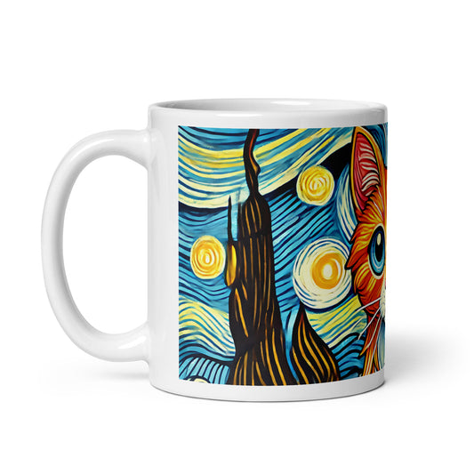 Starry Night Cat Glossy White Coffee Mug | Art Lover Cat Gift - Spinsterly Co