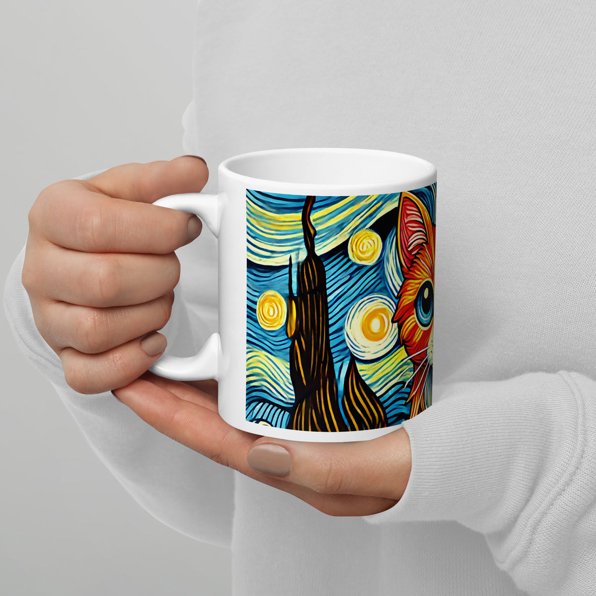 Starry Night Cat Glossy White Coffee Mug | Art Lover Cat Gift - Spinsterly Co