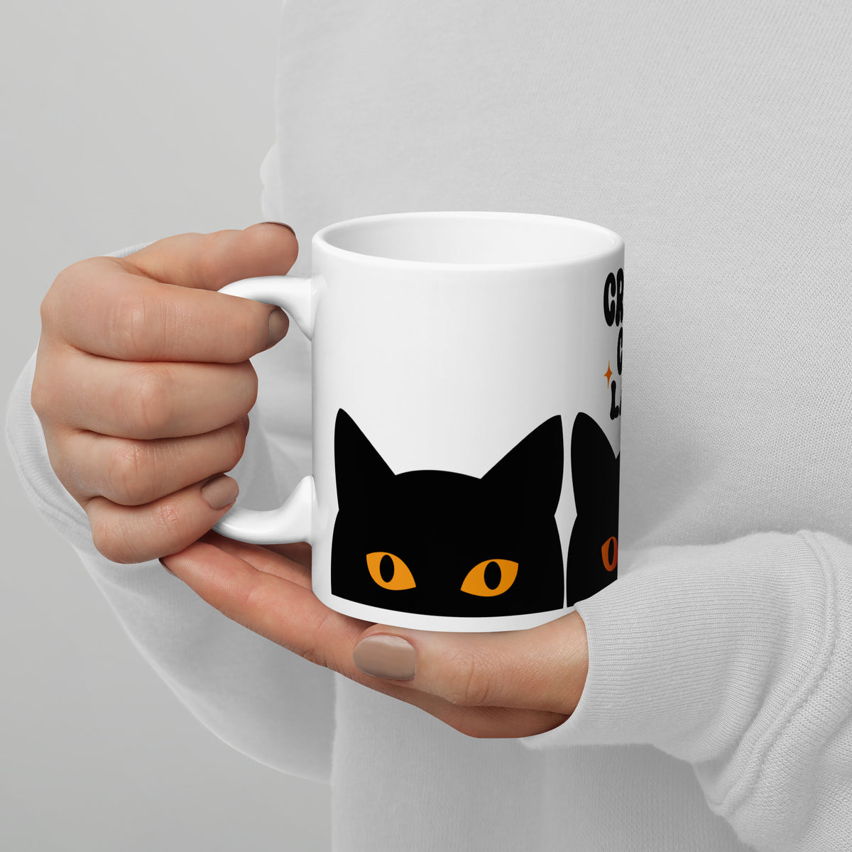 Crazy Cat Lady Peeking Black Cat Glossy White Coffee Mug | Funny Cat Lover Gift - Spinsterly Co