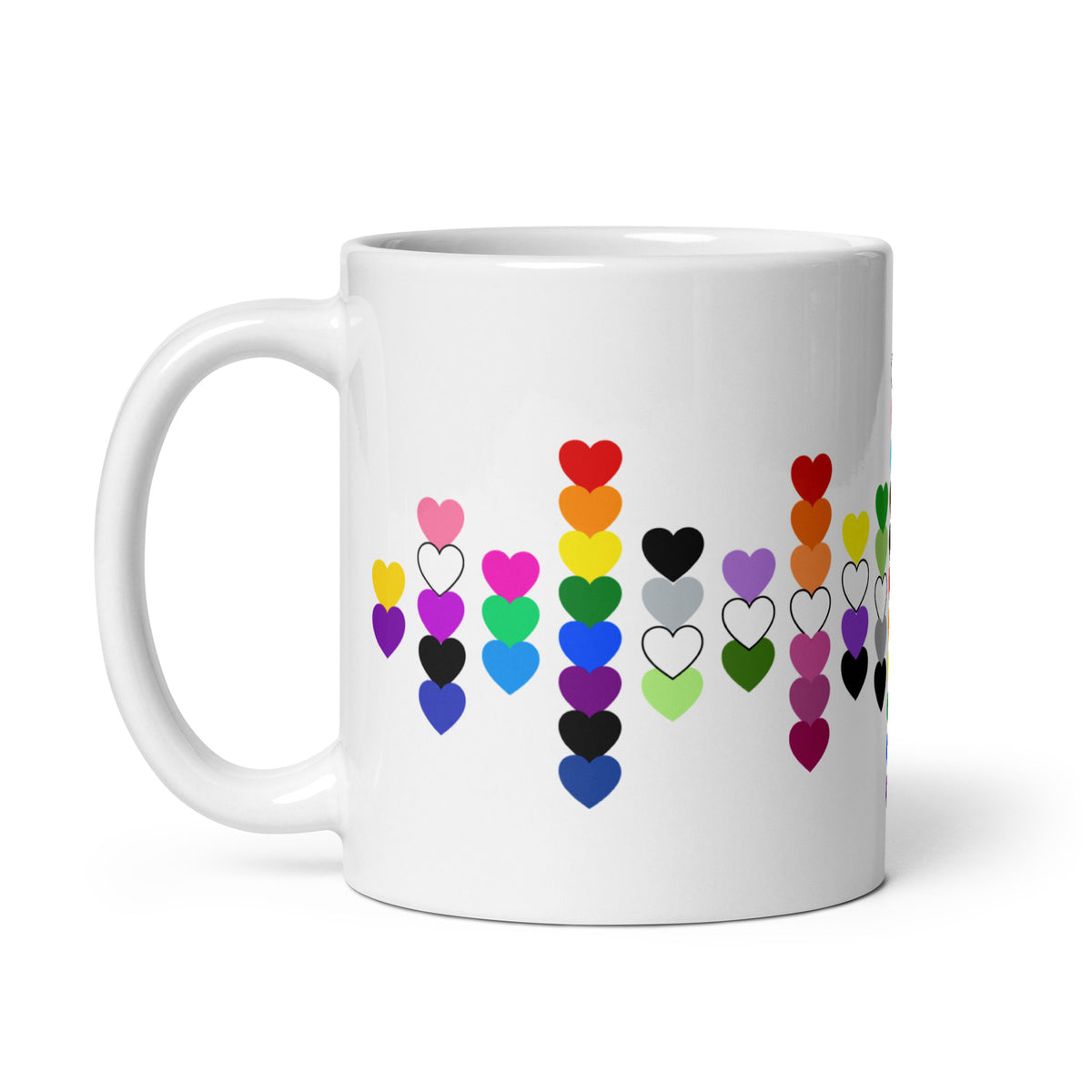 LGBTQIA+ Pride Flag Hearts White Glossy Mug | Inclusive Pride Gift | 19 Flags - Spinsterly Co