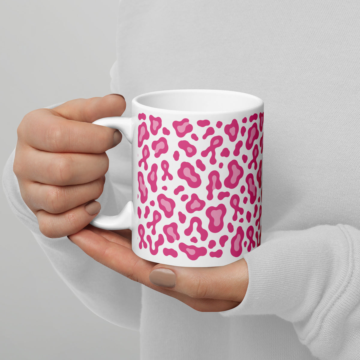 Pink Leopard Print White Glossy Mug | Breast Cancer Awareness Month - Spinsterly Co