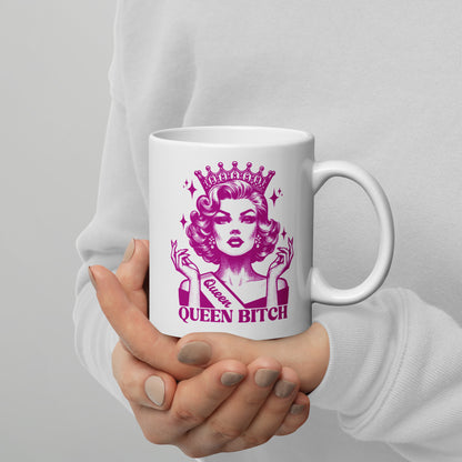 Queen Bitch White Glossy Coffee Mug | Crowned Retro Queen Pink Illustration - Spinsterly Co