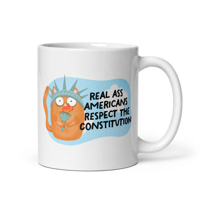 Real Ass Americans Respect the Constitution Glossy White Coffee Mug | Funny Political Cat Gift - Spinsterly Co