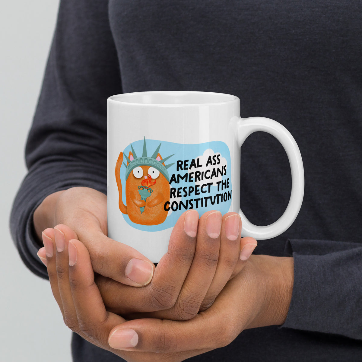 Real Ass Americans Respect the Constitution Glossy White Coffee Mug | Funny Political Cat Gift - Spinsterly Co