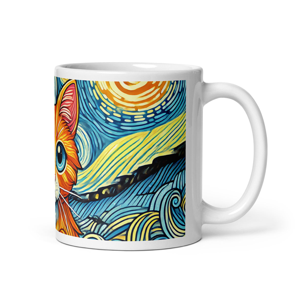 Starry Night Cat Glossy White Coffee Mug | Art Lover Cat Gift - Spinsterly Co