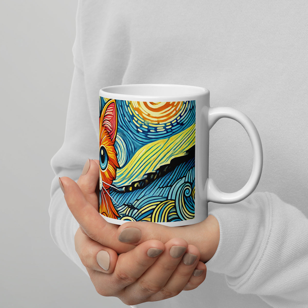 Starry Night Cat Glossy White Coffee Mug | Art Lover Cat Gift - Spinsterly Co
