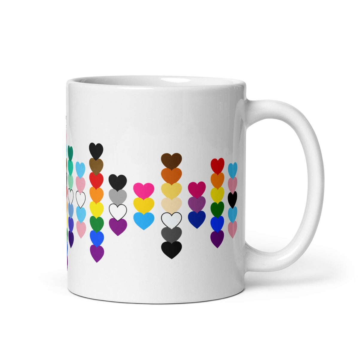 LGBTQIA+ Pride Flag Hearts White Glossy Mug | Inclusive Pride Gift | 19 Flags - Spinsterly Co