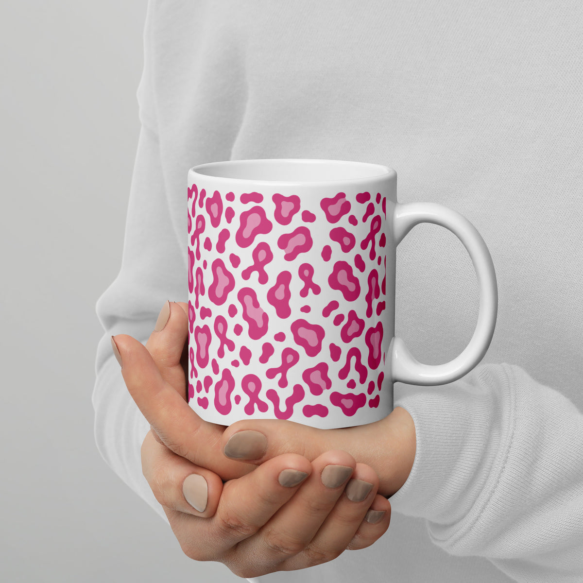 Pink Leopard Print White Glossy Mug | Breast Cancer Awareness Month - Spinsterly Co