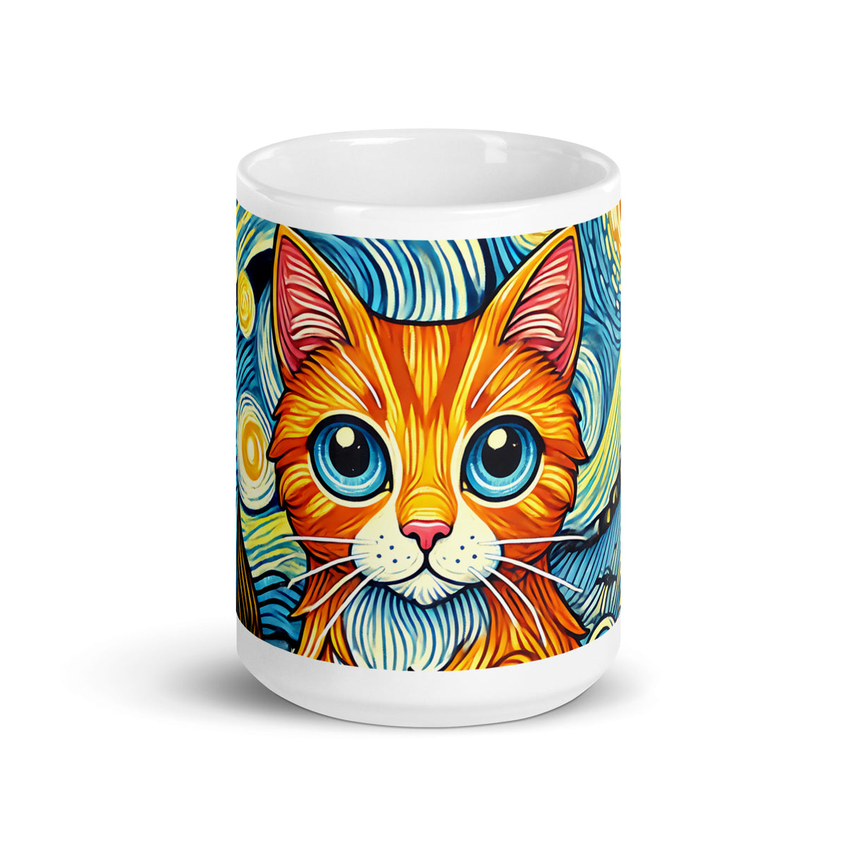 Starry Night Cat Glossy White Coffee Mug | Art Lover Cat Gift - Spinsterly Co