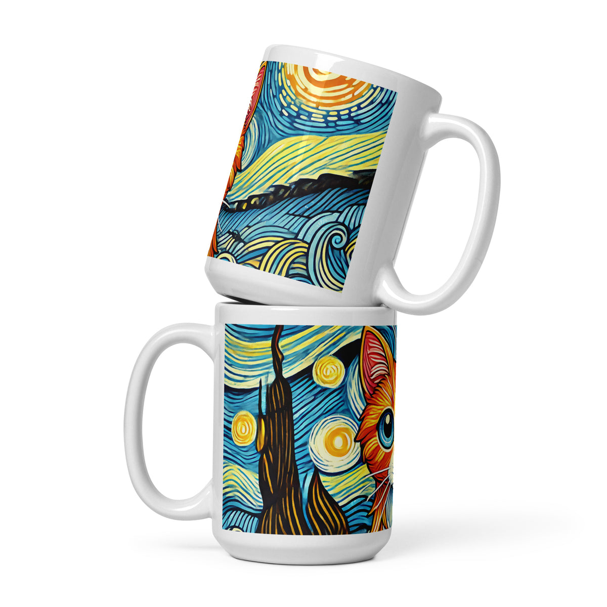 Starry Night Cat Glossy White Coffee Mug | Art Lover Cat Gift - Spinsterly Co