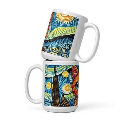 Starry Night Cat Glossy White Coffee Mug | Art Lover Cat Gift - Spinsterly Co