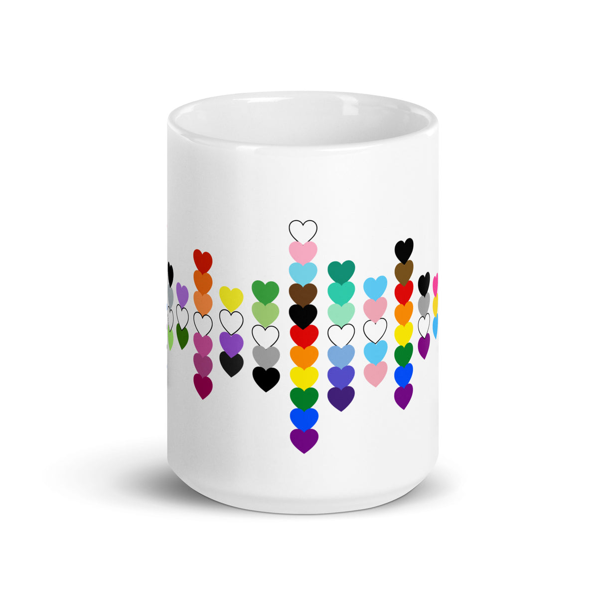 LGBTQIA+ Pride Flag Hearts White Glossy Mug | Inclusive Pride Gift | 19 Flags - Spinsterly Co