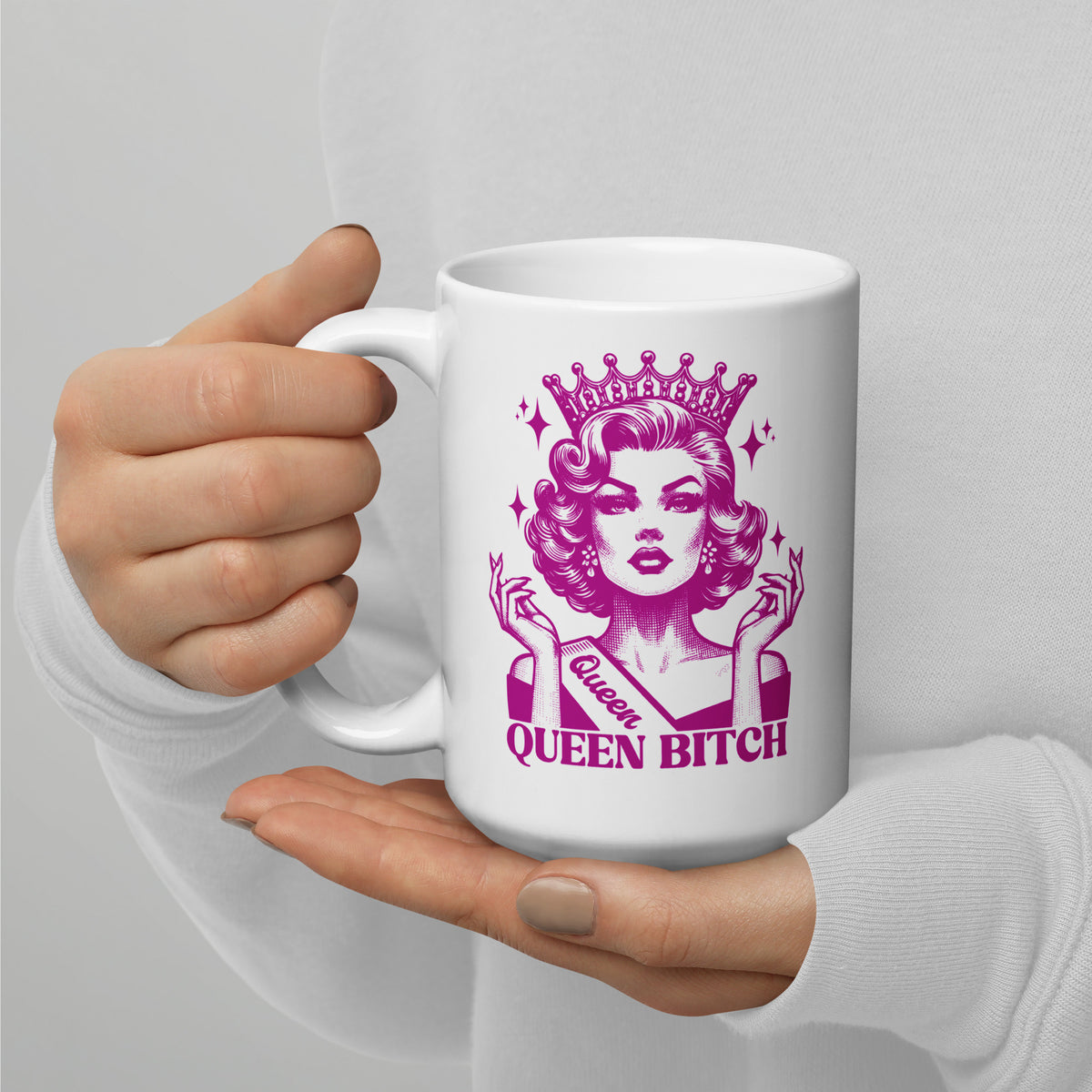 Queen Bitch White Glossy Coffee Mug | Crowned Retro Queen Pink Illustration - Spinsterly Co