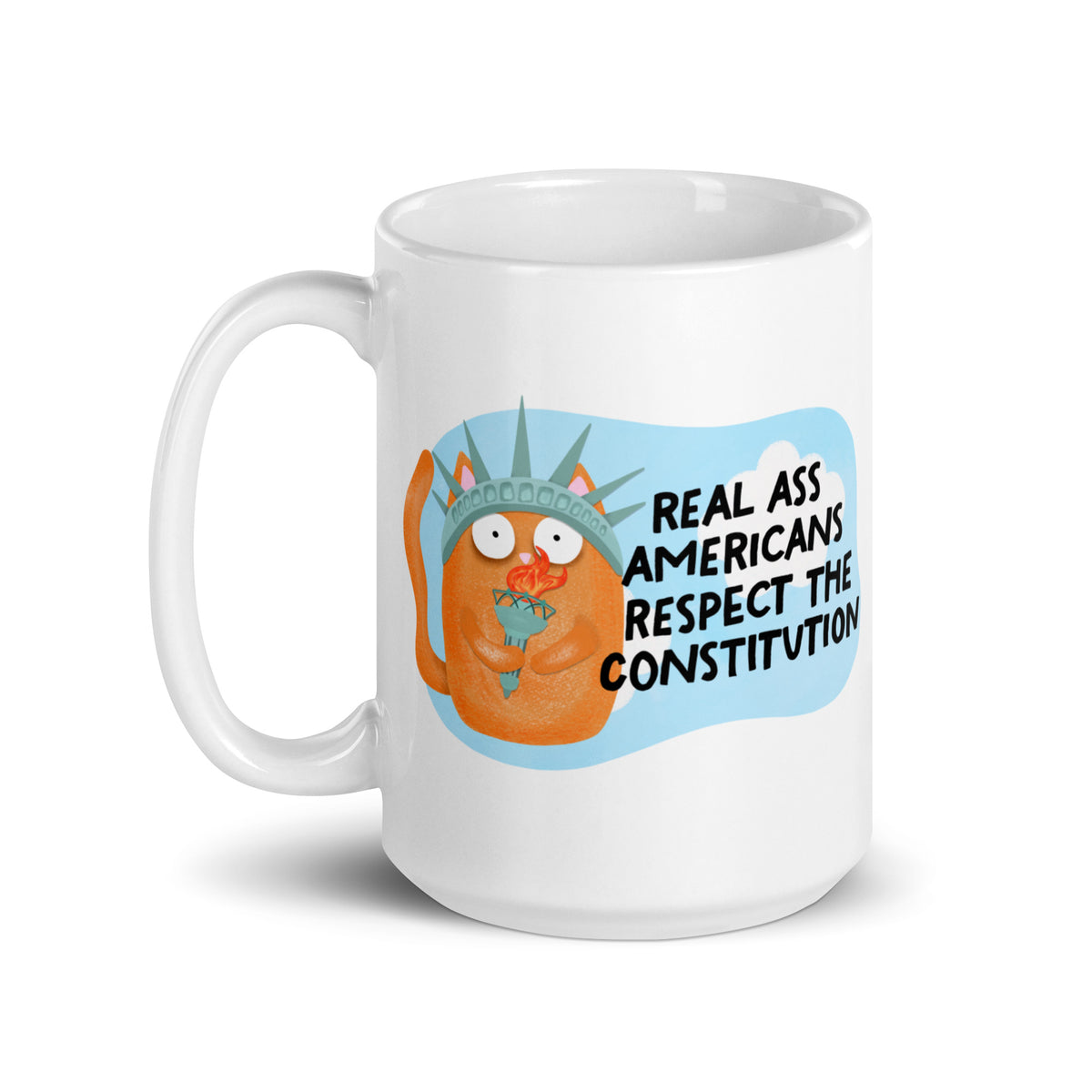 Real Ass Americans Respect the Constitution Glossy White Coffee Mug | Funny Political Cat Gift - Spinsterly Co